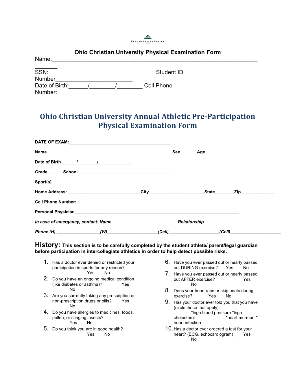 Ohio Christian University Physical Examination Form