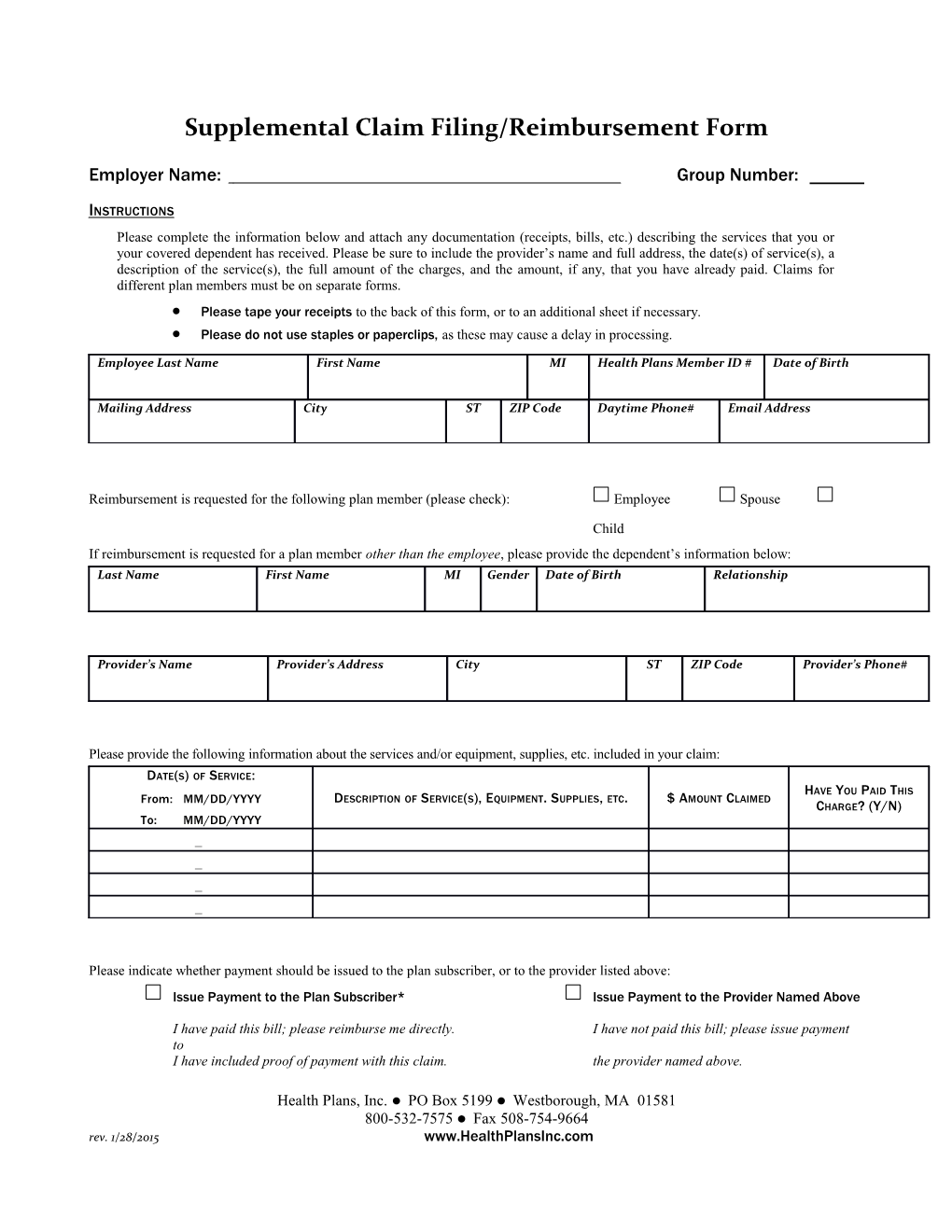 Supplemental Claim Filing/Reimbursement Form