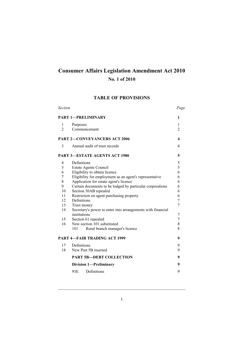 Consumer Affairs Legislation Amendment Act 2010