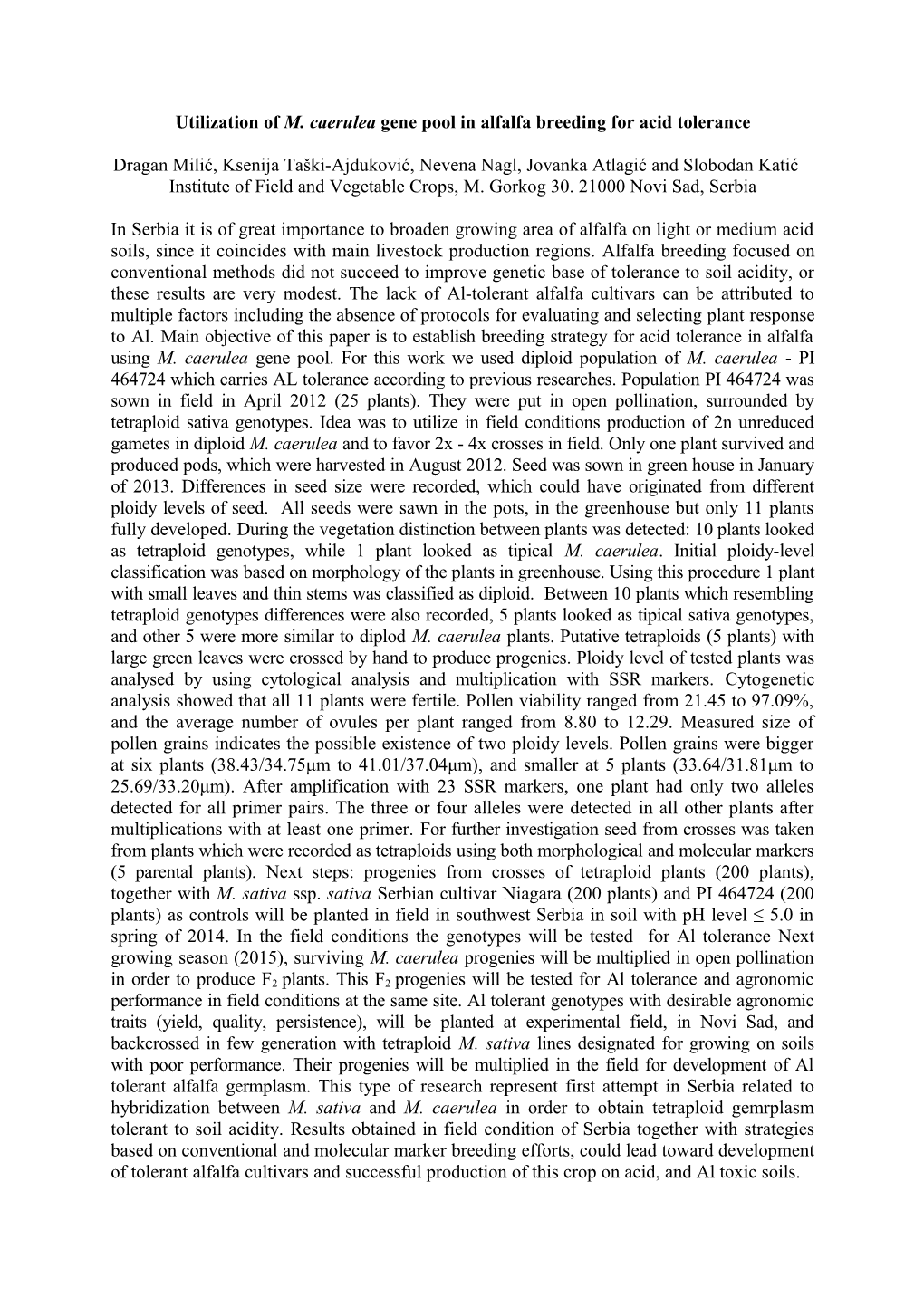 Utilization of M. Caerulea Gene Pool in Alfalfa Breeding for Acid Tolerance