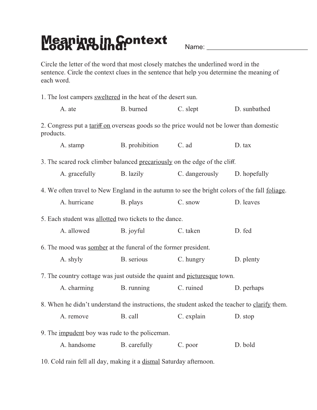 Look Around! Meaning in Context Middle School Worksheets
