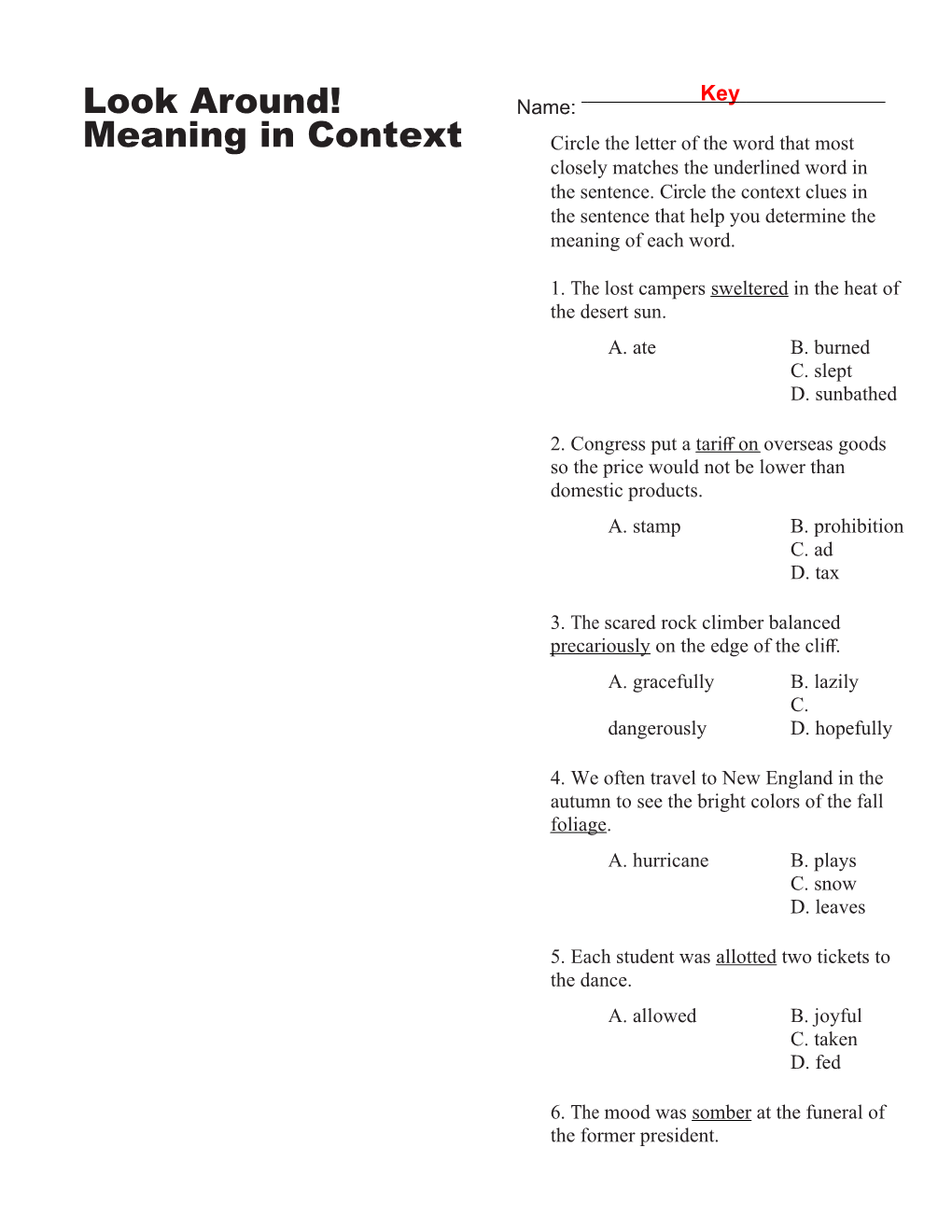 Look Around! Meaning in Context Middle School Worksheets