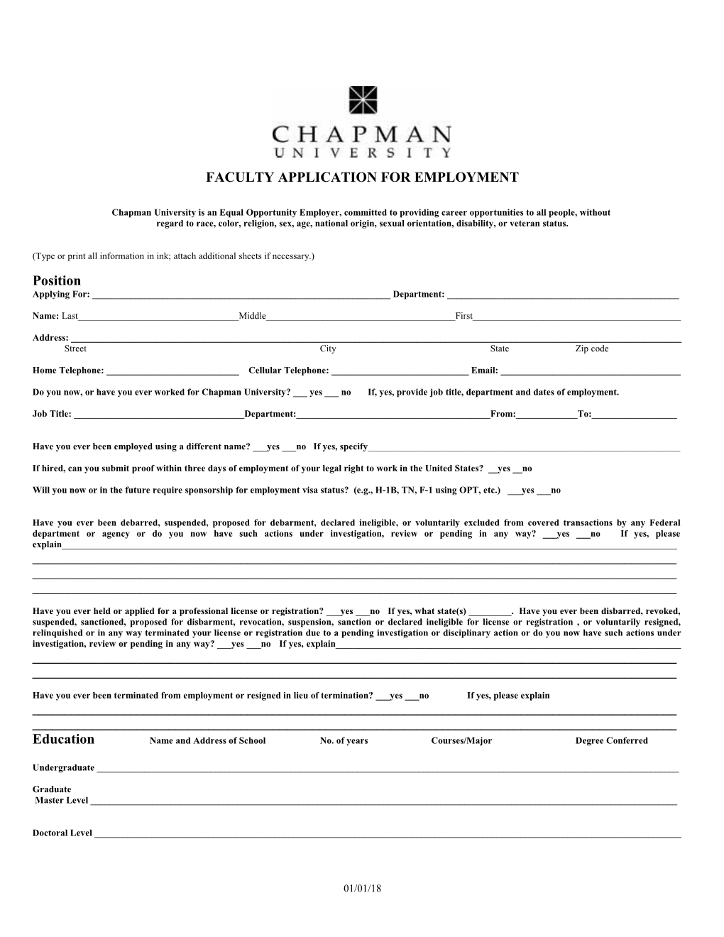 Faculty Application for Employment