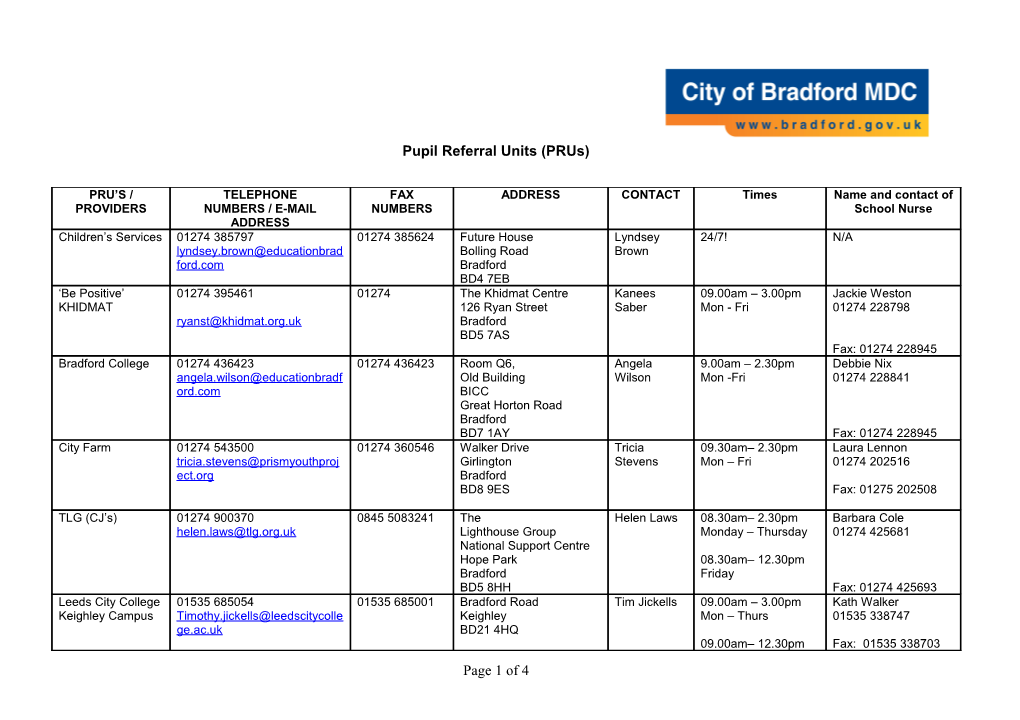 Address/Telephone Numbers for Providers and Pru S