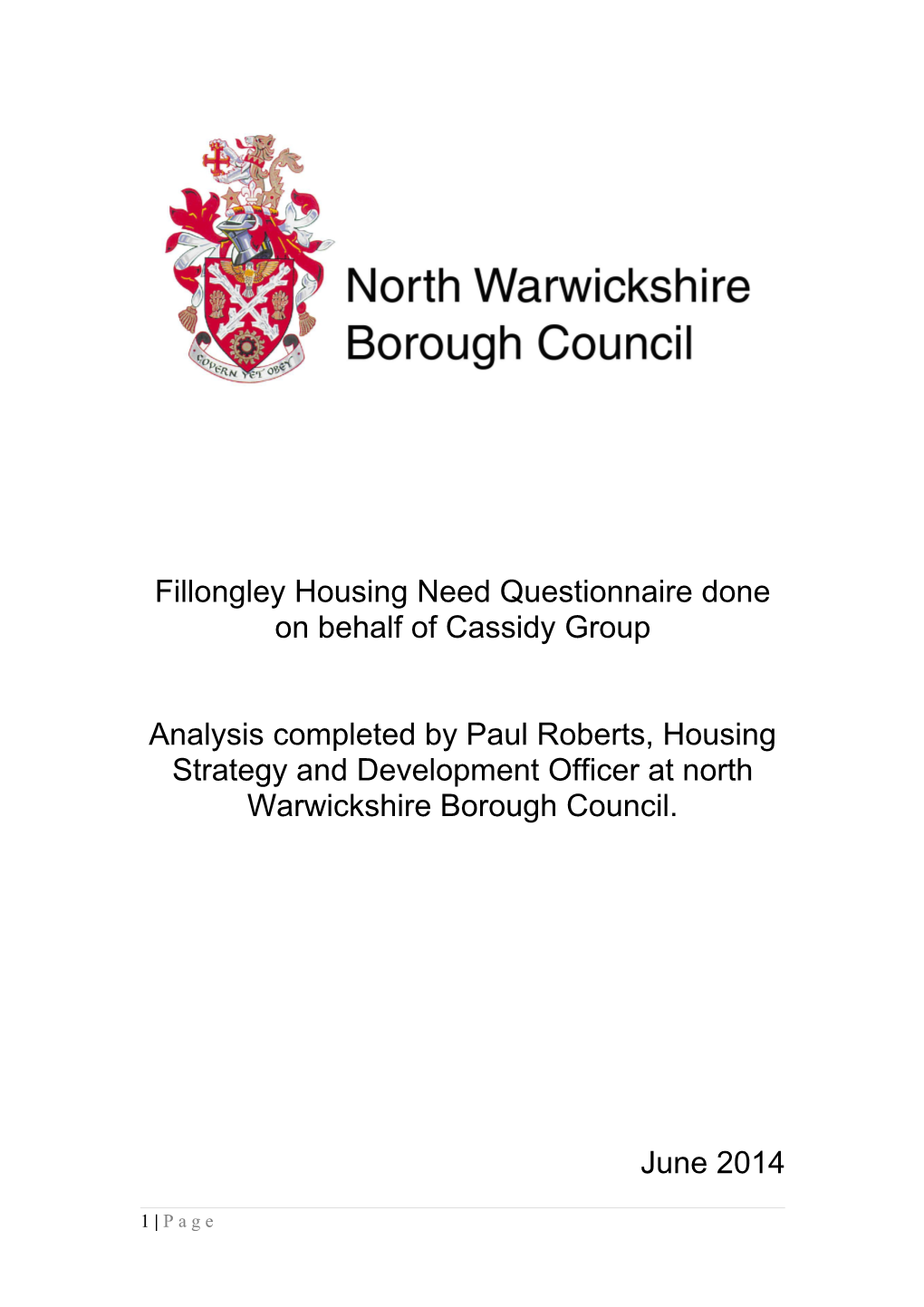 Fillongley Housing Need Questionnaire Done on Behalf of Cassidy Group