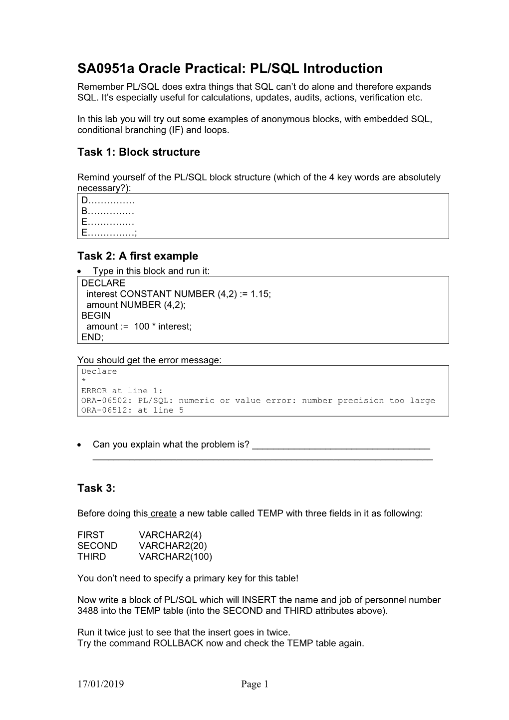 Oracle Practical 6: PL/SQL Etc