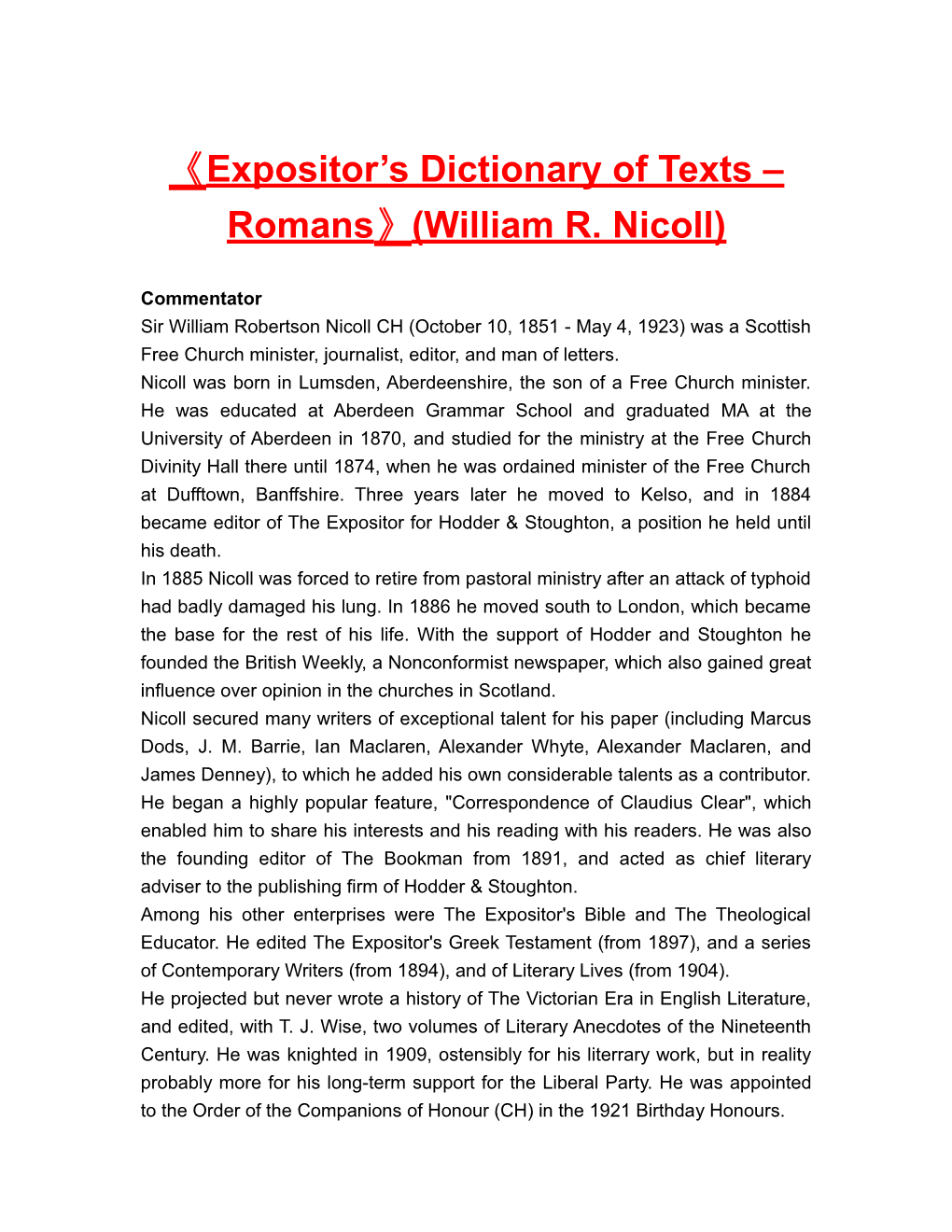 Expositor S Dictionaryof Texts Romans (William R. Nicoll)