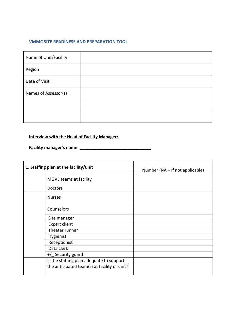 Vmmc Site Readiness and Preparation Tool