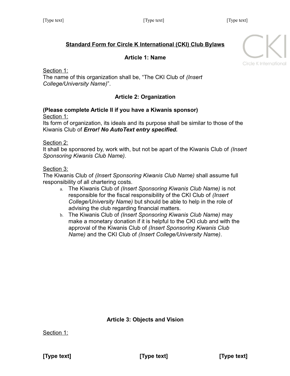 Standard Form for CKI Bylaws