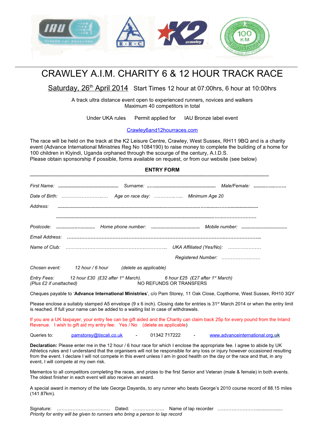 Crawley A.I.M. Charity 6 & 12 Hour Track Race