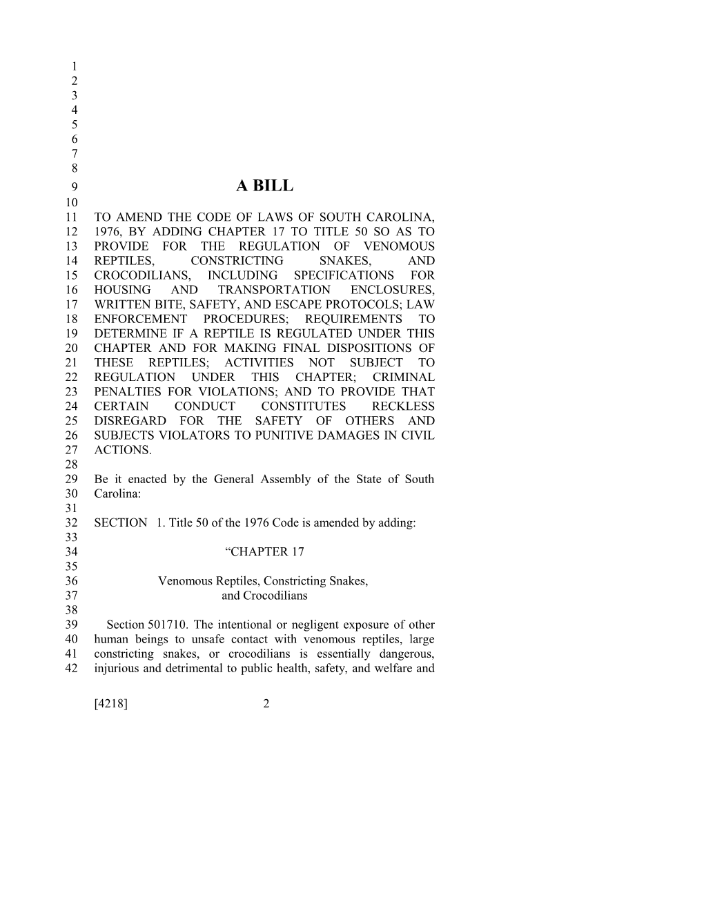 2009-2010 Bill 4218: Venomous Reptiles - South Carolina Legislature Online