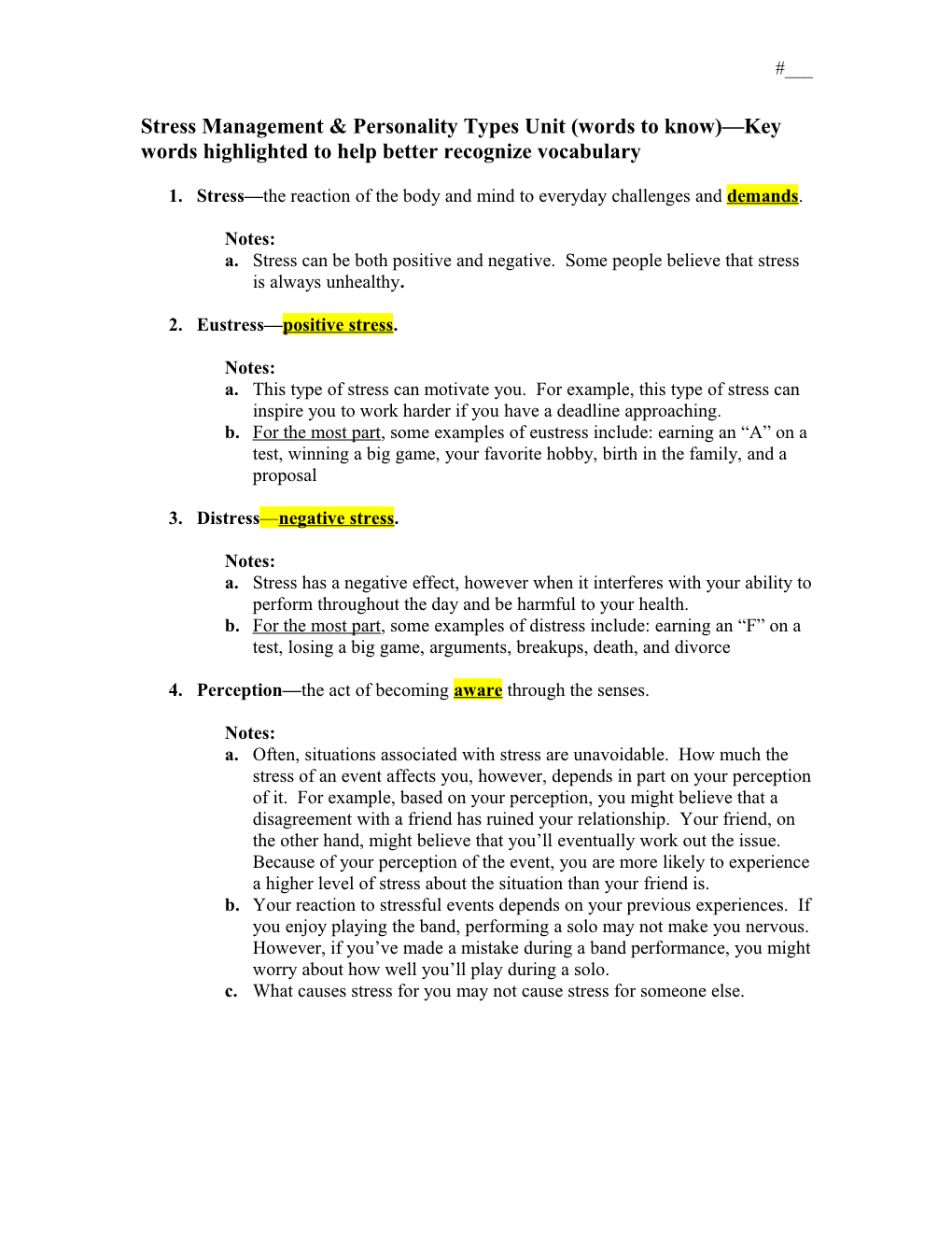 Stress Management & Personality Types Unit (Words to Know) Key Words Highlighted to Help