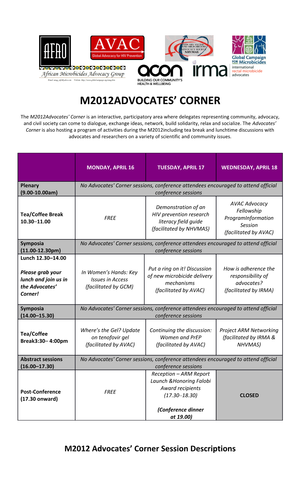 M2012 Advocates Corner Session Descriptions