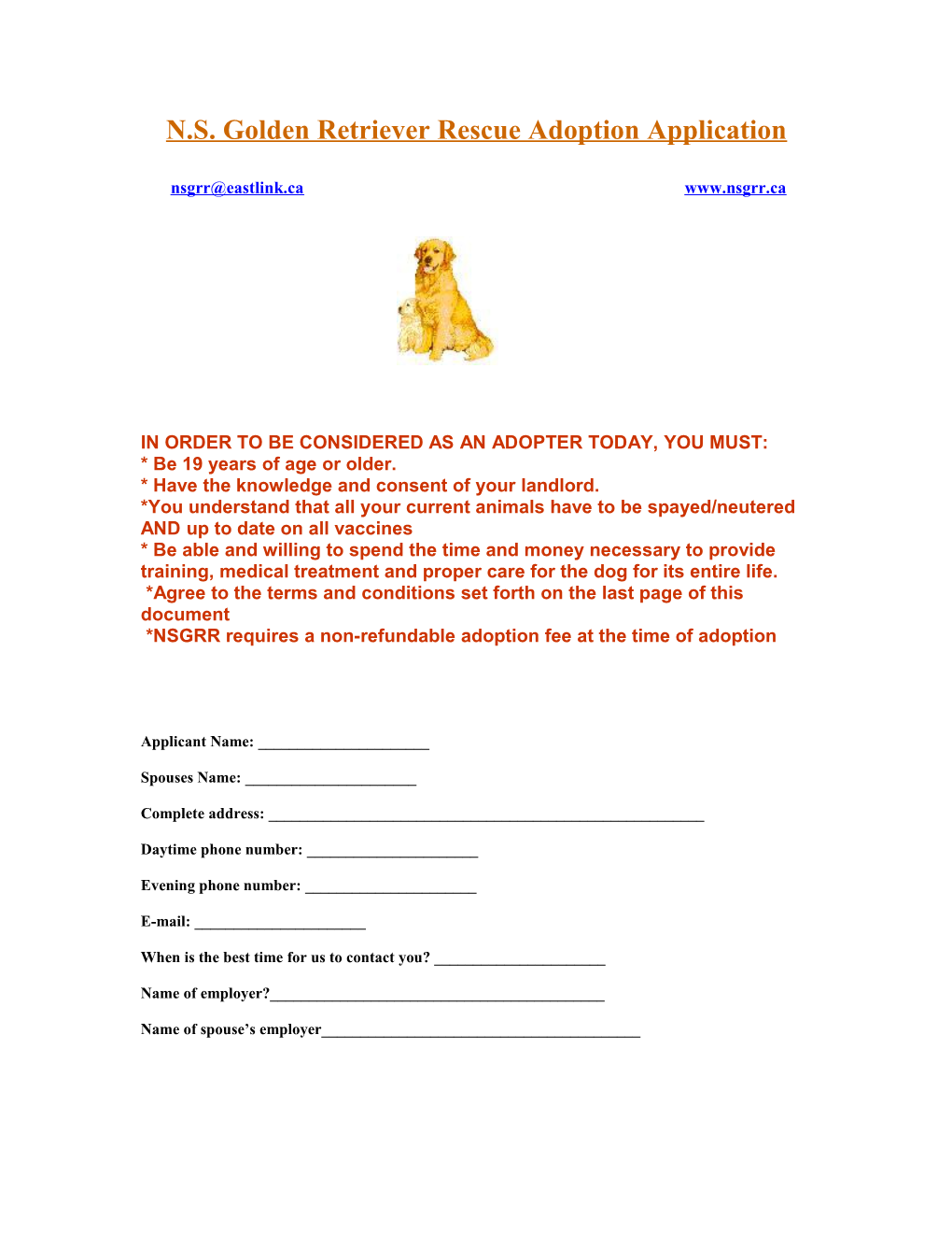 N.S. Golden Retriever Rescue Adoption Application