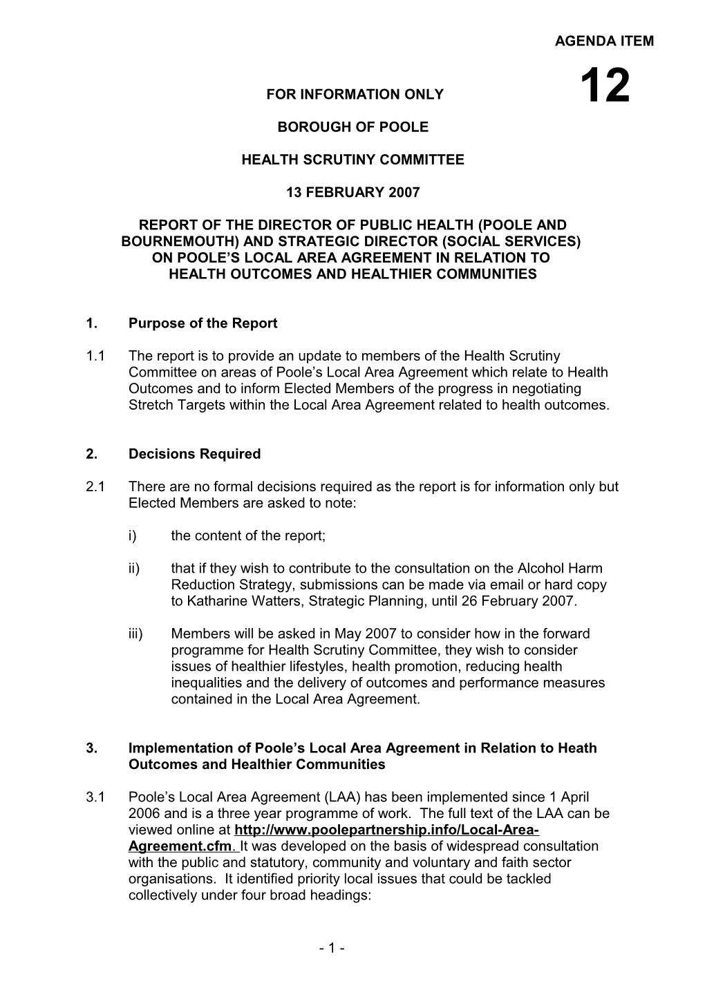 Poole S Local Area Agreement in Relation To