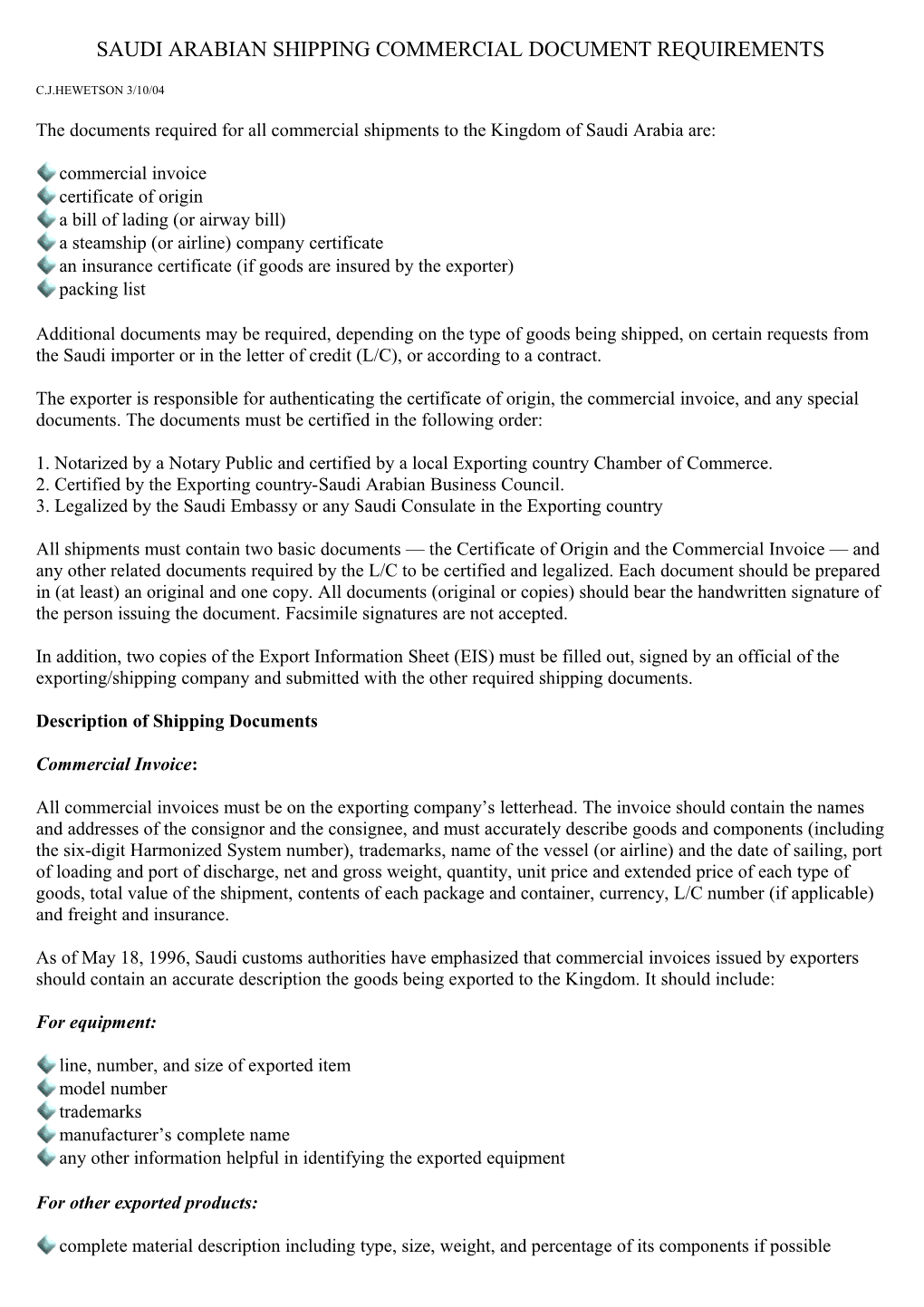 Saudi Arabian Shipping Commercial Document Requirements