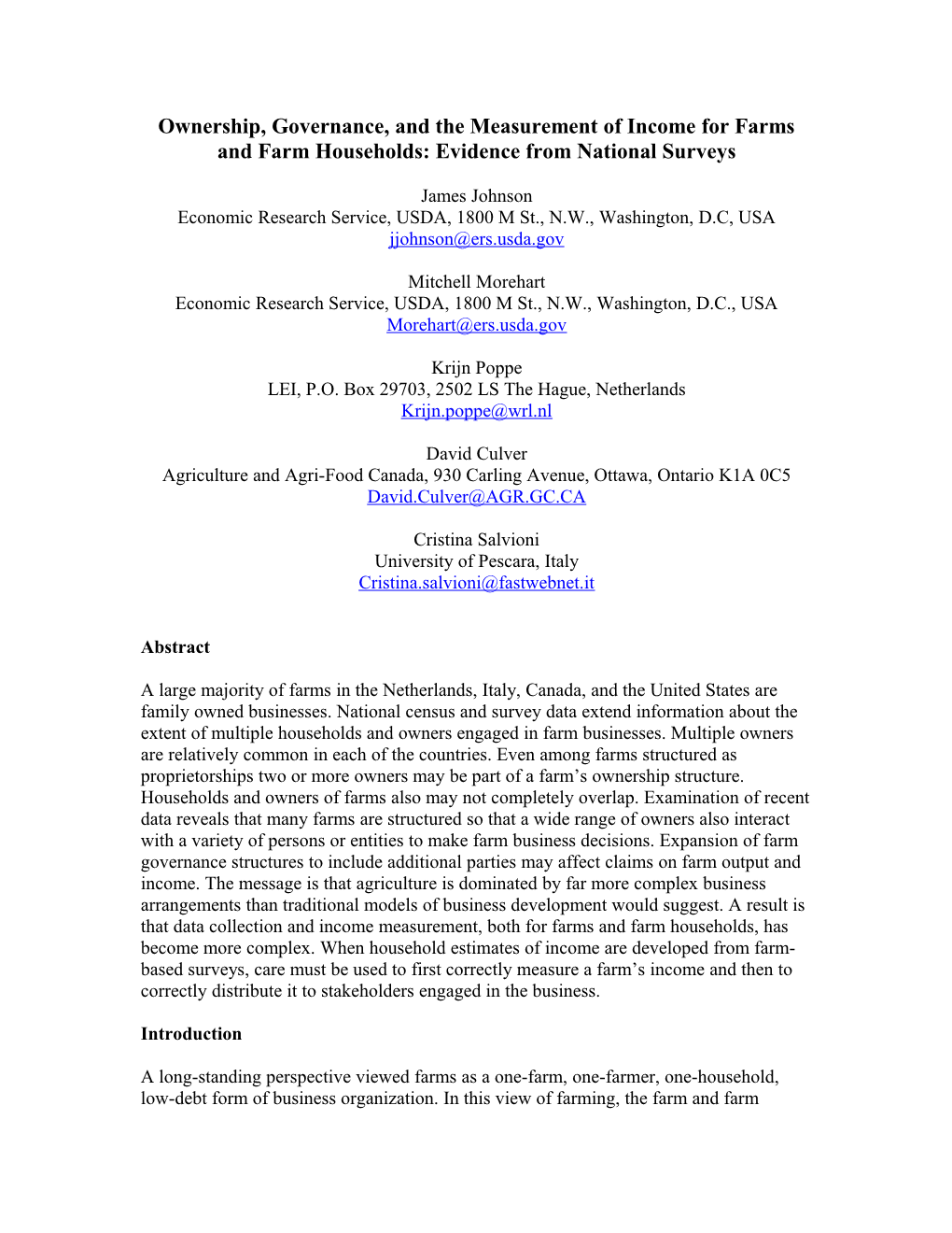 Ownership, Governance, and the Measurement of Income for Farms and Households: Evidence