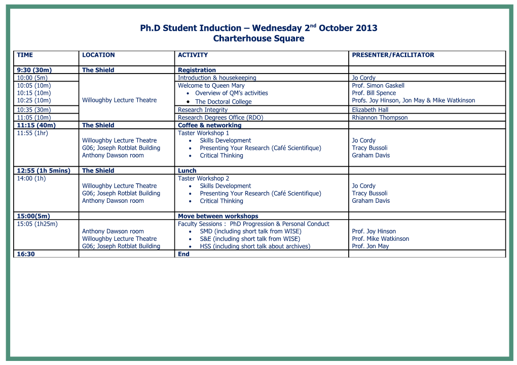 Provisional Plan for Research Student Induction