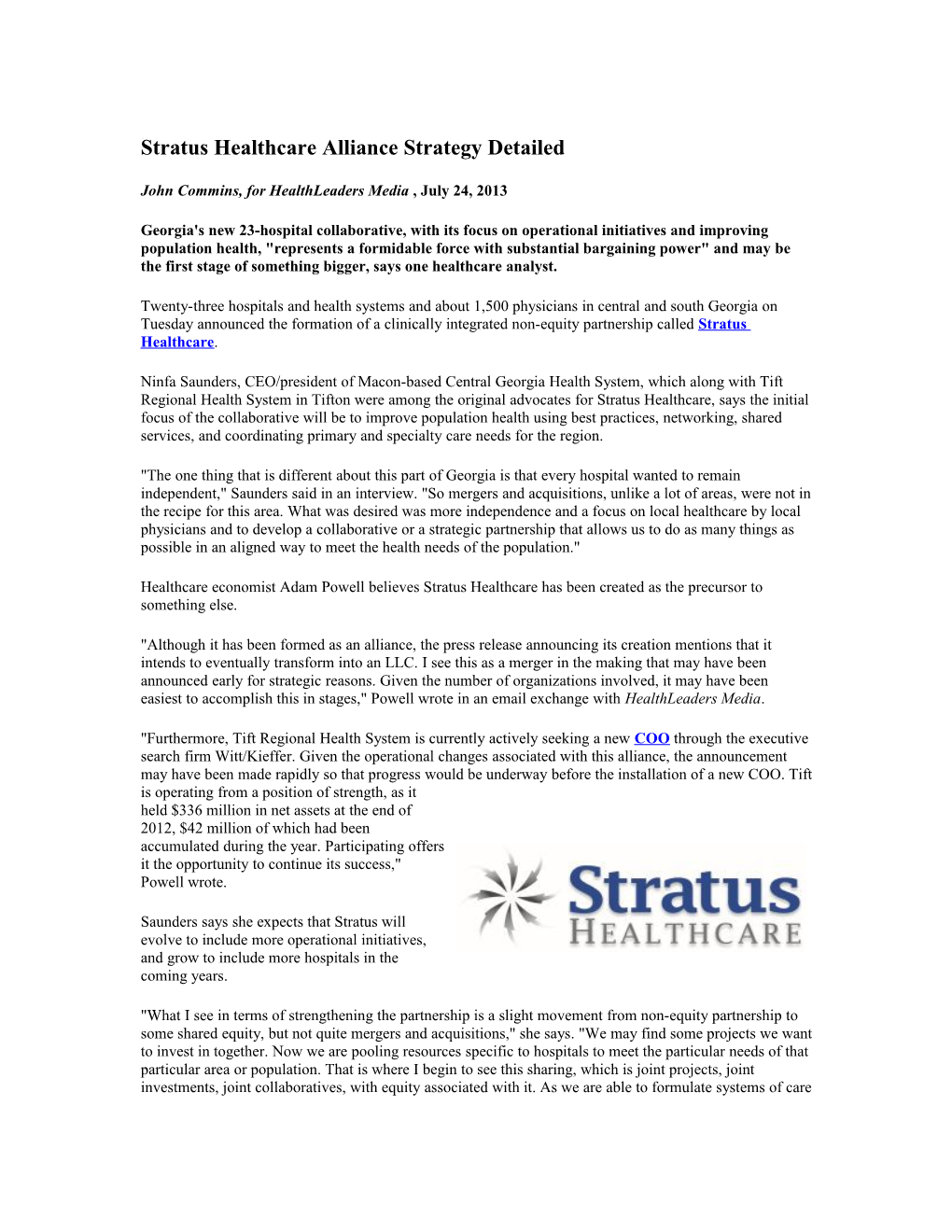 Stratus Healthcare Alliance Strategy Detailed