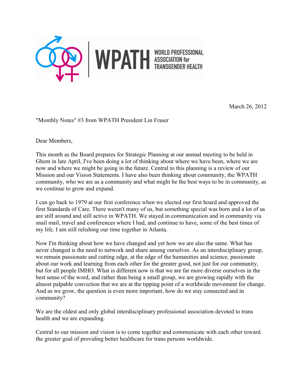 Monthly Notes #3 from WPATH President Lin Fraser