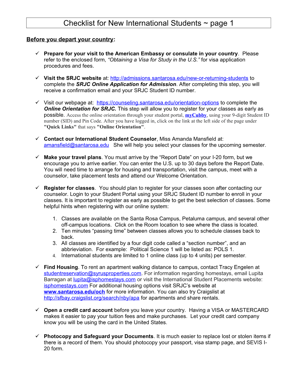 Checklist Fornew International Students Page 1