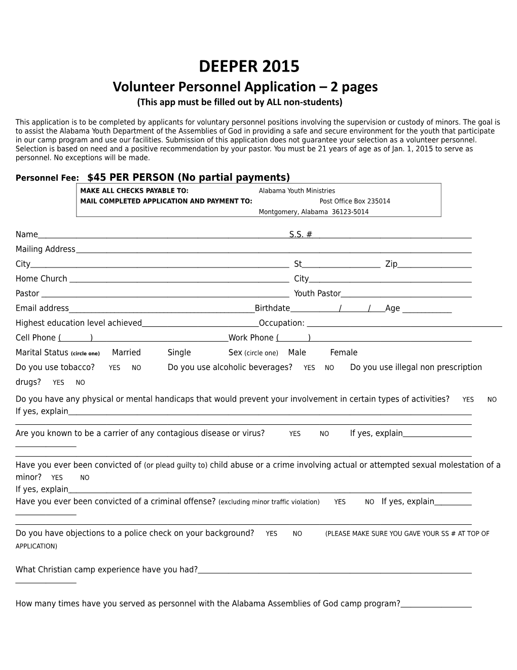 Volunteer Personnel Application 2 Pages