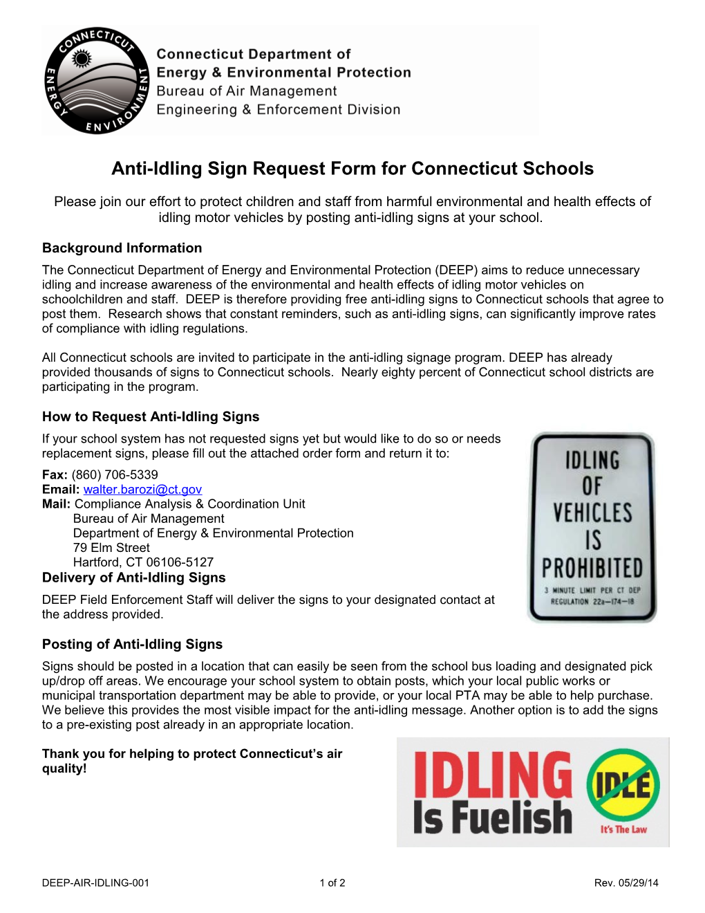 Anti-Idling Sign Request Form for Connecticut Schools