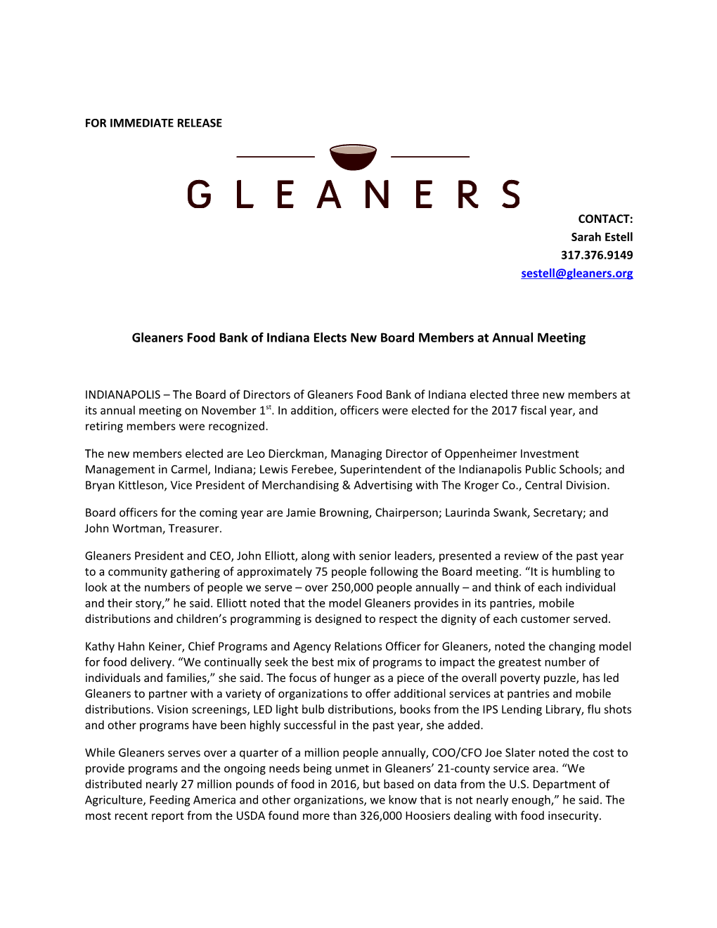 Gleaners Food Bank of Indiana Elects New Board Members at Annual Meeting