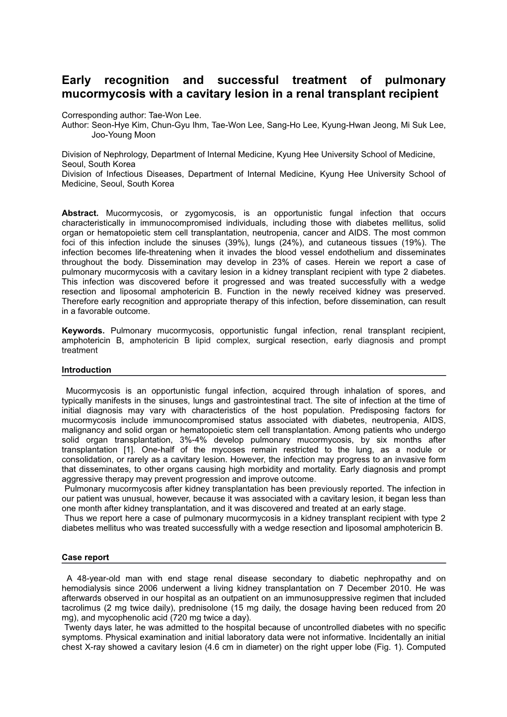 Early Recognition and Successful Treatment of Pulmonary Mucormycosis with a Cavitary Lesion