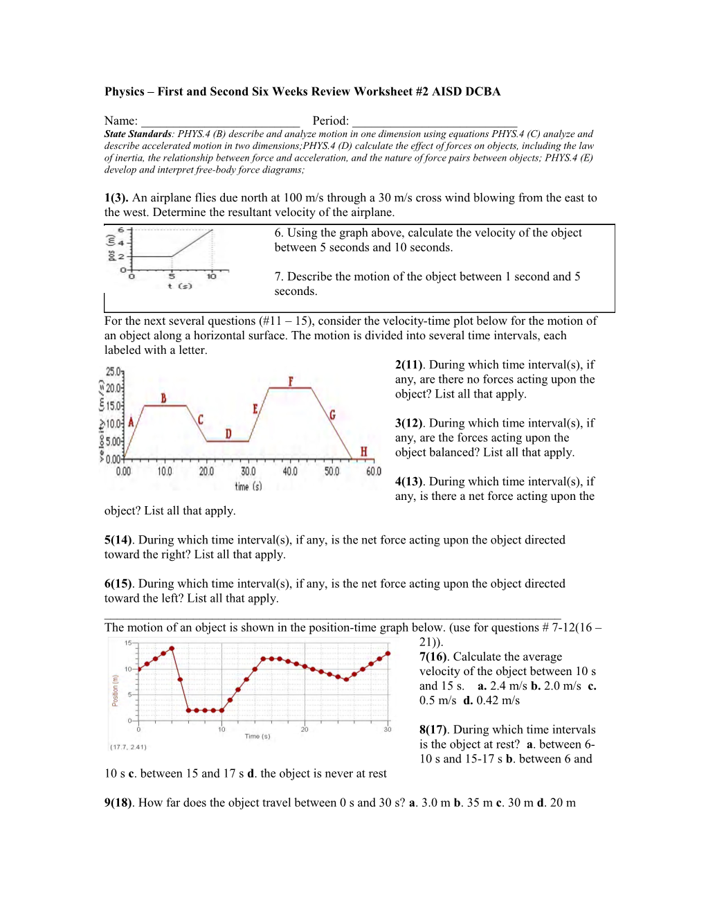 Physics First and Second Six Weeks Review Worksheet #2 AISD DCBA