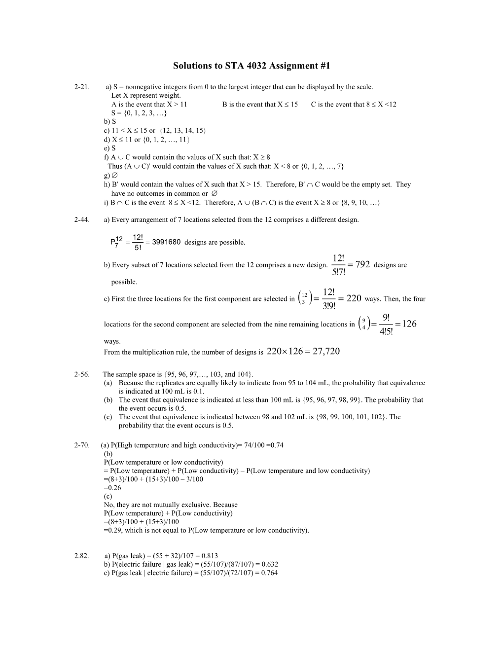 Solutions to STA 4032 Assignment #1