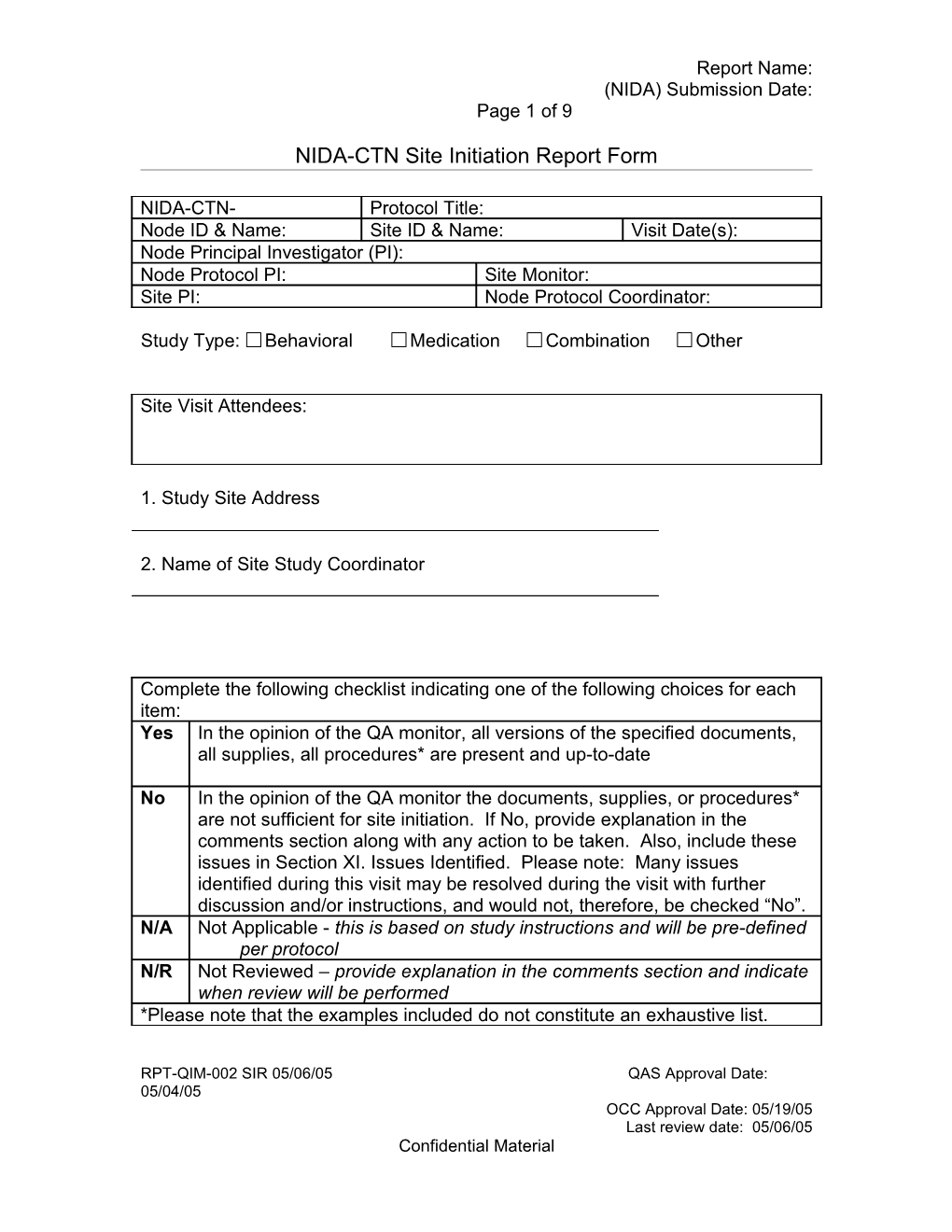 NIDA-CTN Site Initiation Report Form