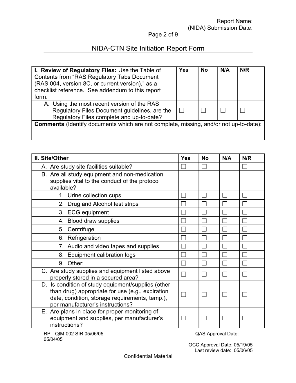 NIDA-CTN Site Initiation Report Form