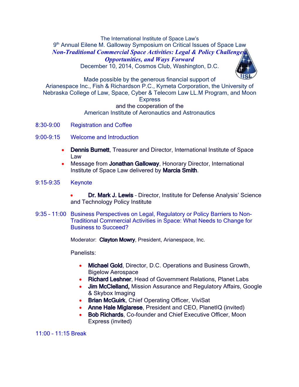 9Th Annual Eilene M. Galloway Symposium on Critical Issues of Space Law