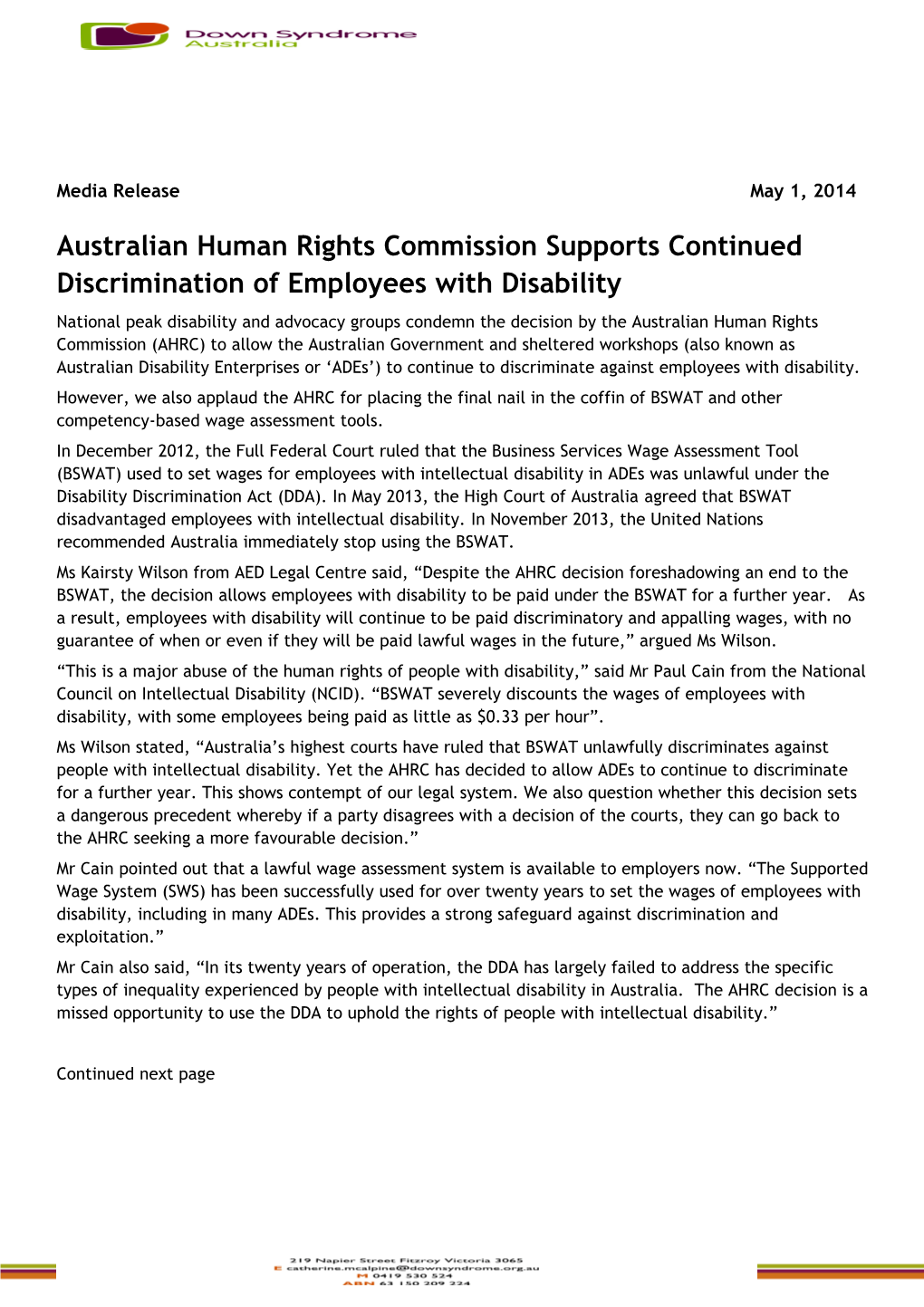 Australian Human Rights Commission Supports Continued Discrimination of Employees With