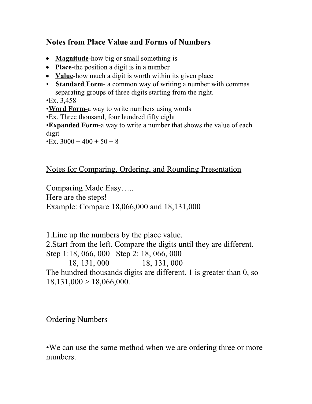 Notes for Comparing, Ordering, and Rounding Presentation