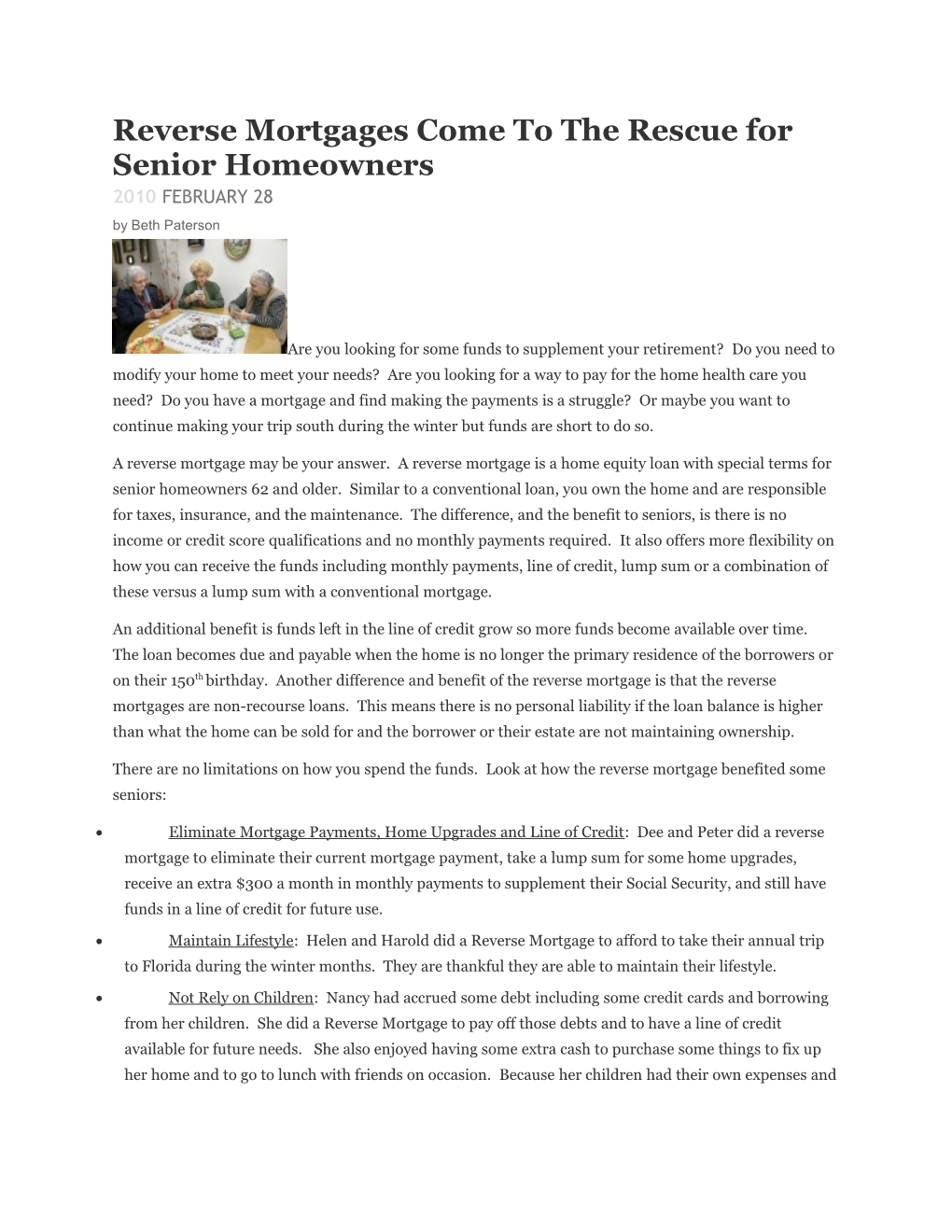 Reverse Mortgages Come to the Rescue for Seniorhomeowners