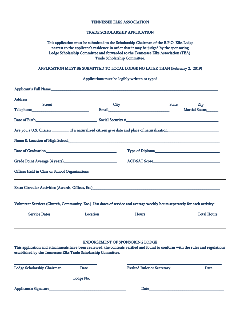 Tennessee Elks Association Trade Scholarship Application