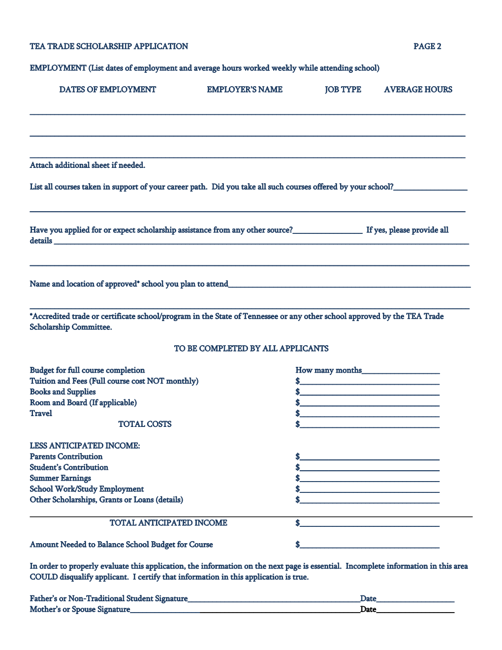 Tennessee Elks Association Trade Scholarship Application