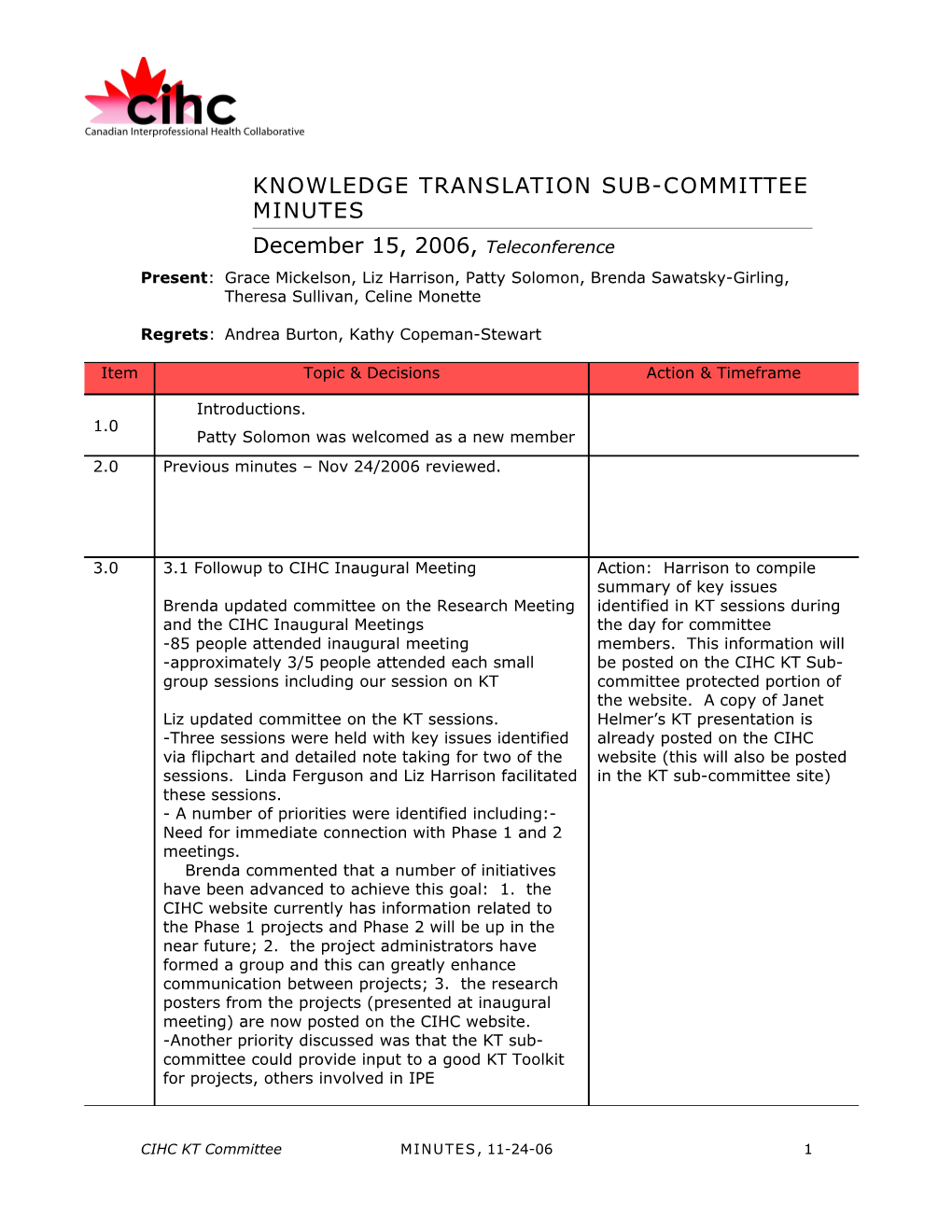 Knowledge Translation Sub-COMMITTEE MINUTES