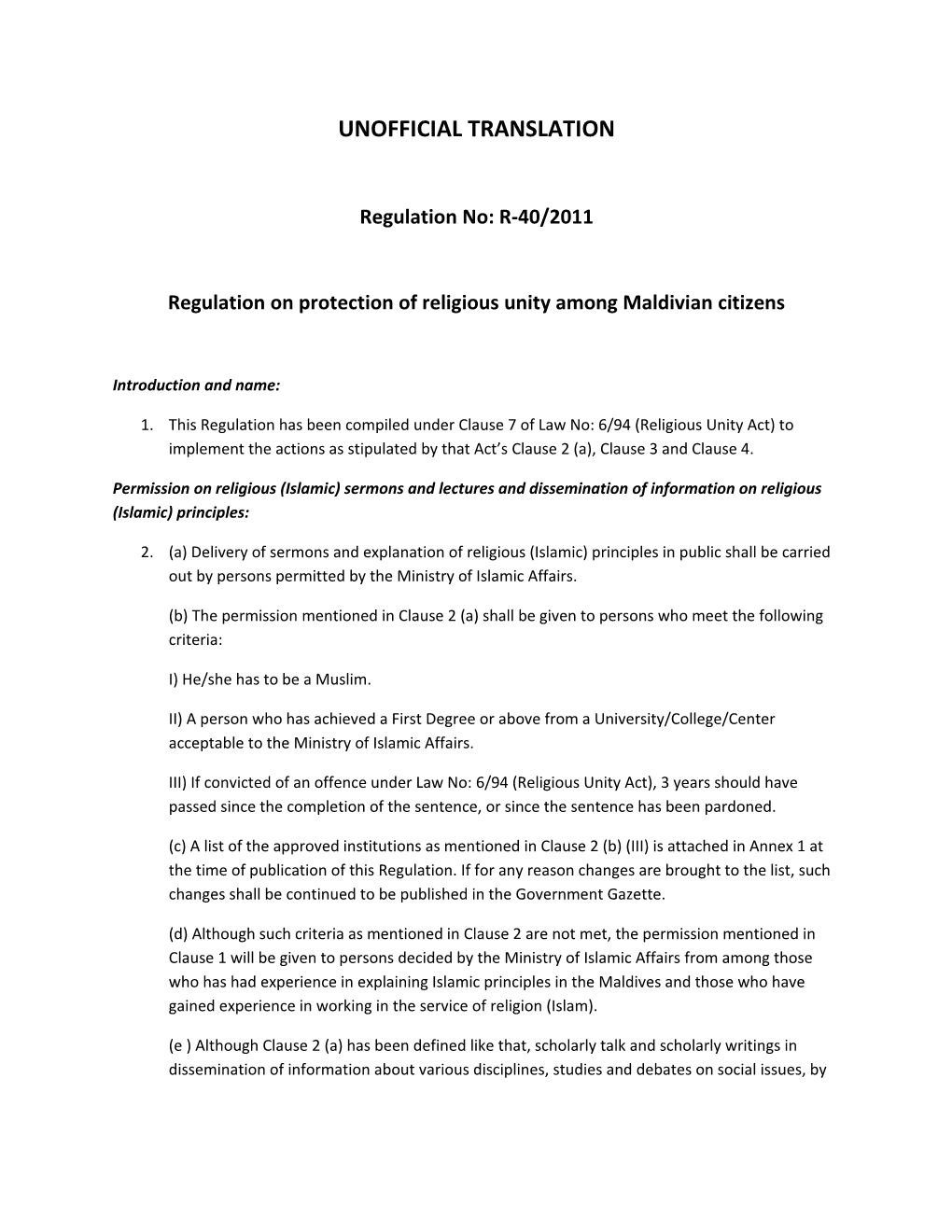 Regulation on Protection of Religious Unity Among Maldivian Citizens