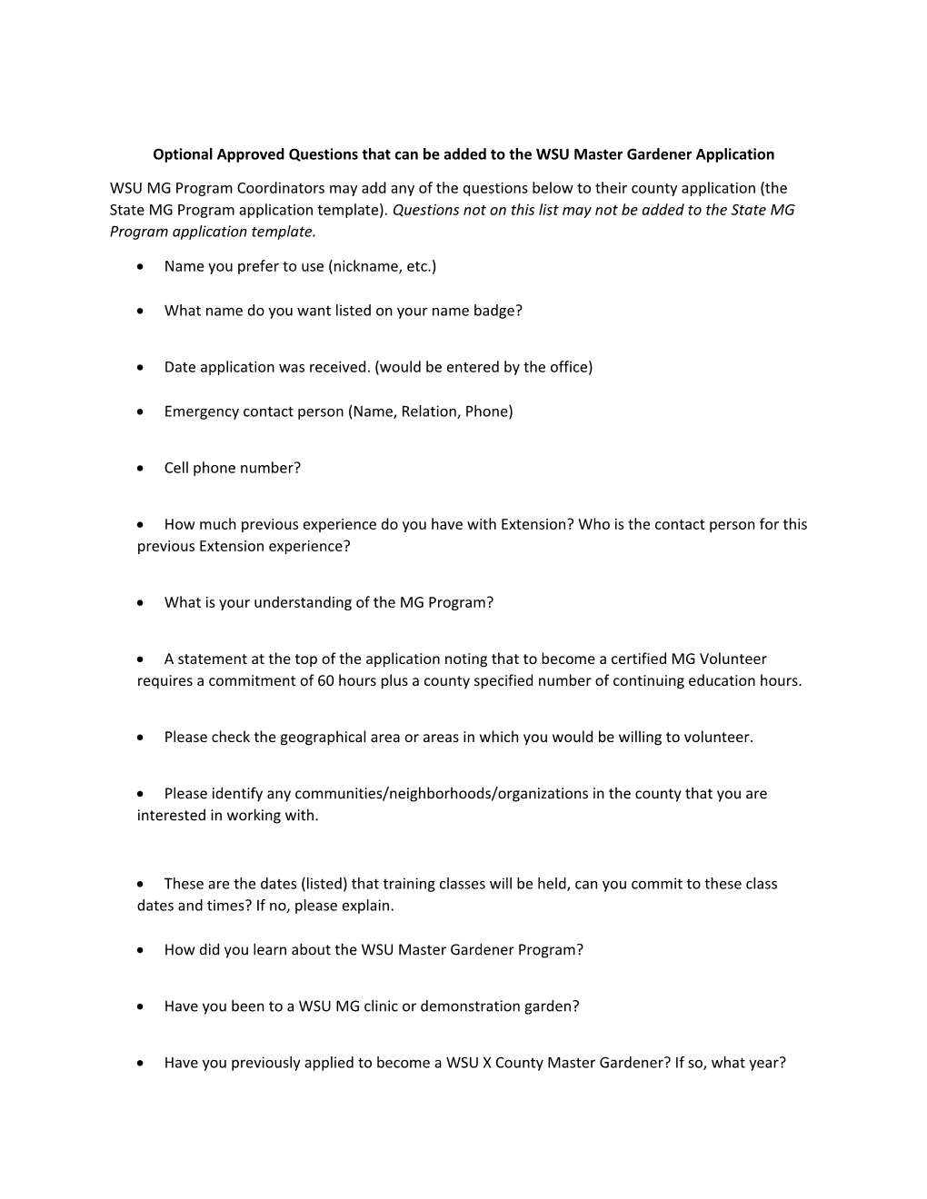 Optional Approved Questions That Can Be Added to Thewsu Master Gardener Application