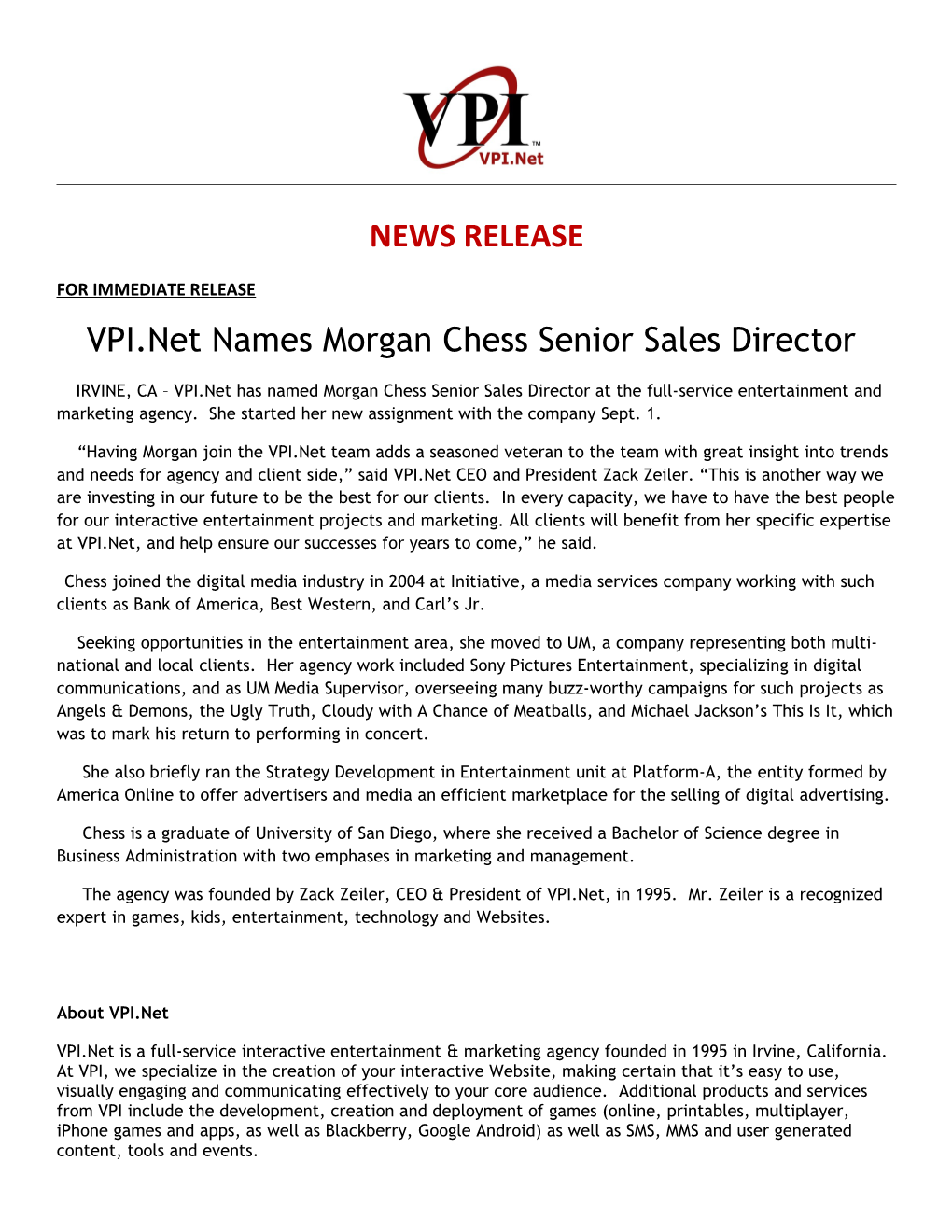 VPI.Net Names Morgan Chess Senior Sales Director