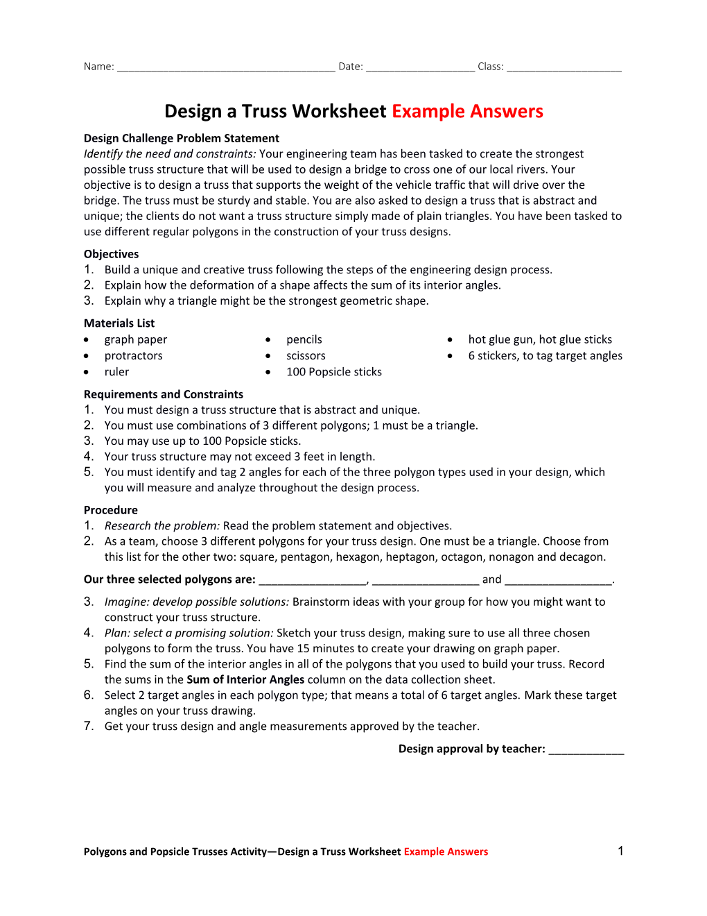 Design a Truss Worksheetexample Answers