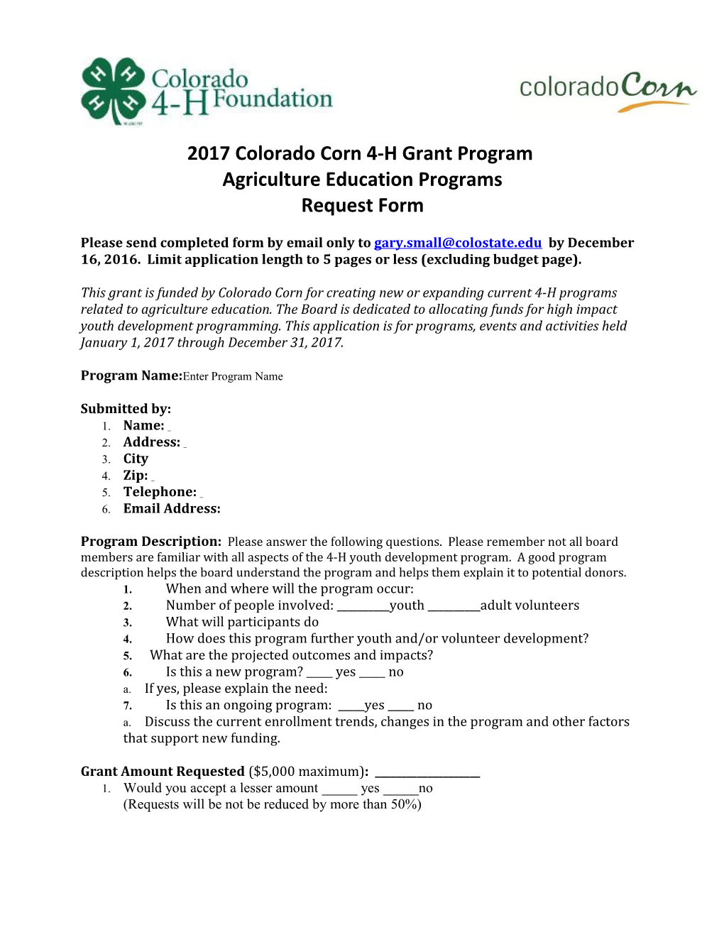 2017 Colorado Corn 4-H Grant Program