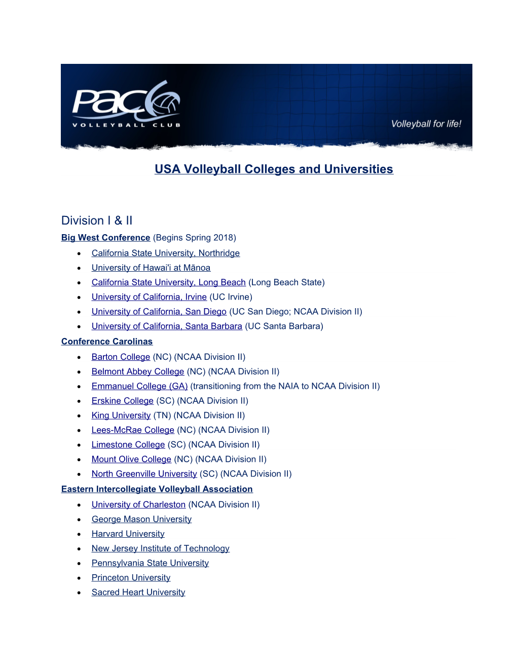 USA Volleyball Colleges and Universities