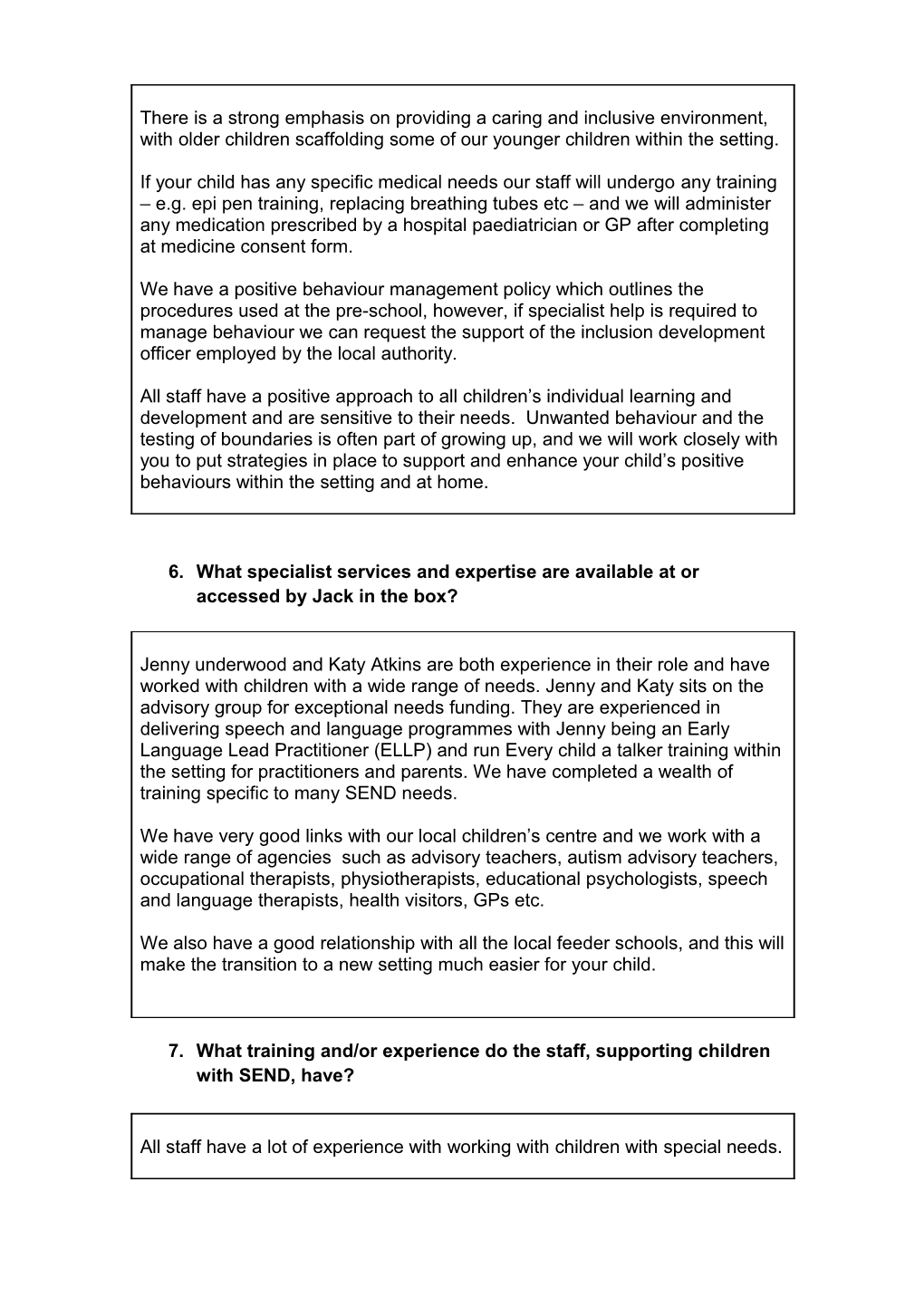 Working Template for Early Years Offer