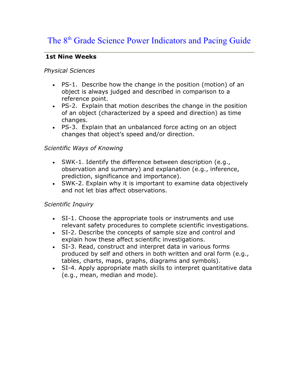 The 8Th Grade Science Power Indicators and Pacing Guide