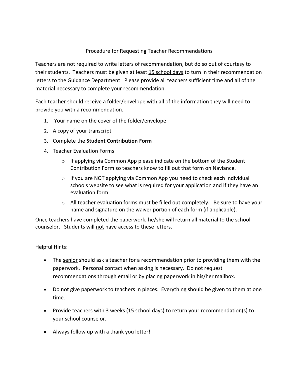 Procedure for Requesting Teacher Recommendations
