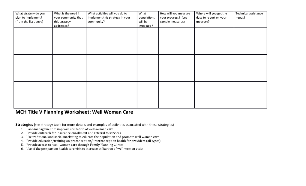 MCH Title V Planning Worksheet: Well Woman Care
